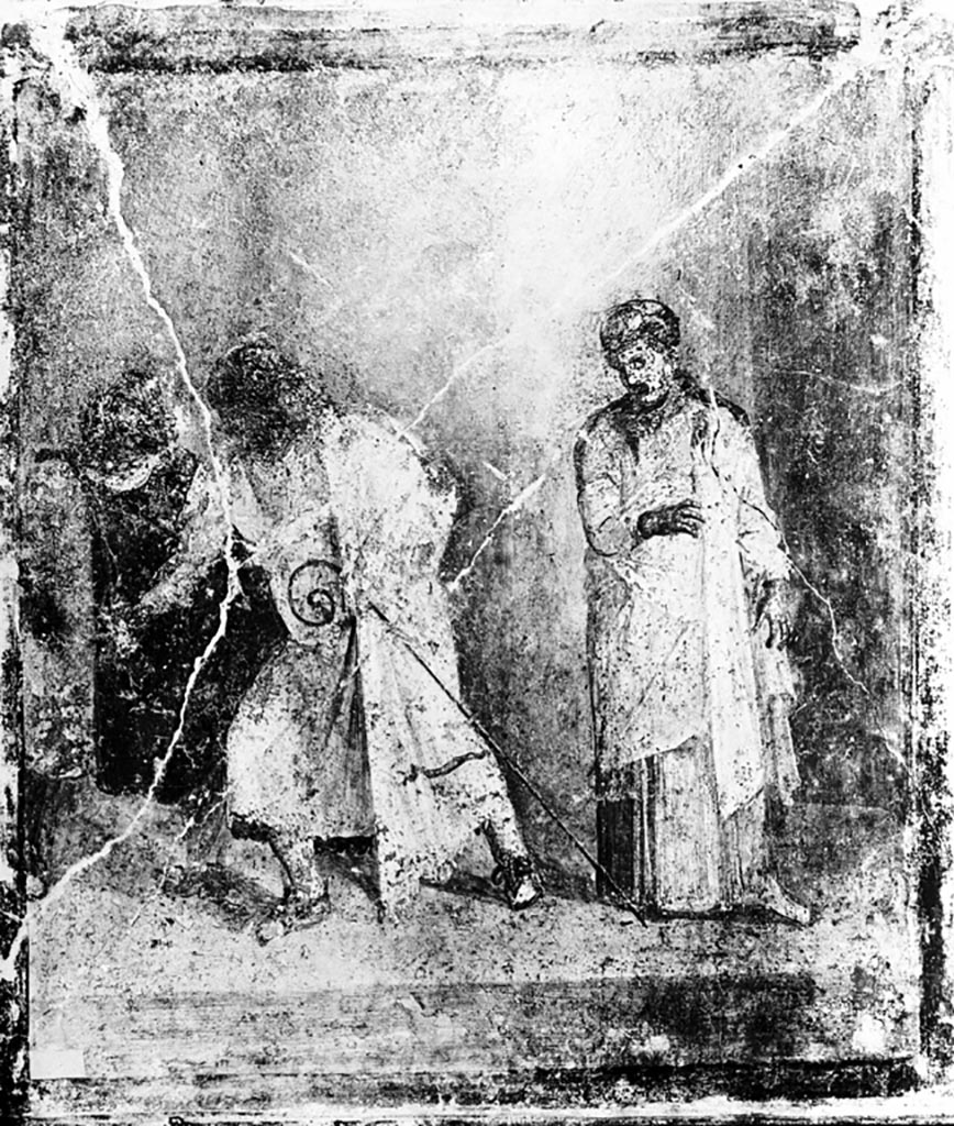 VI.9.6 Pompeii. W.206 Found on 1st July 1828, wall painting from west wall of pseudo-peristyle, comedy scene. 
PAH II, p.213-4
See Schefold, K., 1957. Die Wände Pompejis. Berlin: De Gruyter. (p.119)
Photo by Tatiana Warscher. Photo © Deutsches Archäologisches Institut, Abteilung Rom, Arkiv. 
