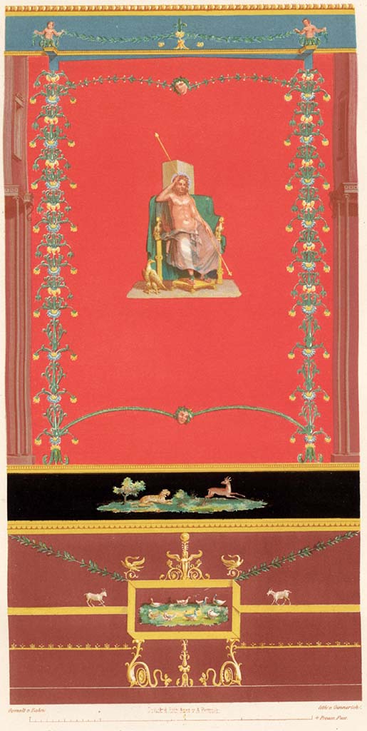 VI.10.11 Pompeii. Pre-1849. 
Room 3, drawing of wall panel from the north wall of the atrium showing Giove/Zeus on his throne.
See Zahn W., 1849. Ornamente aller klassischen Kunst-Epochen nach den Originalen in ihren eigenthümlichen Farben. Berlin: Reimer, Taf. 91.


