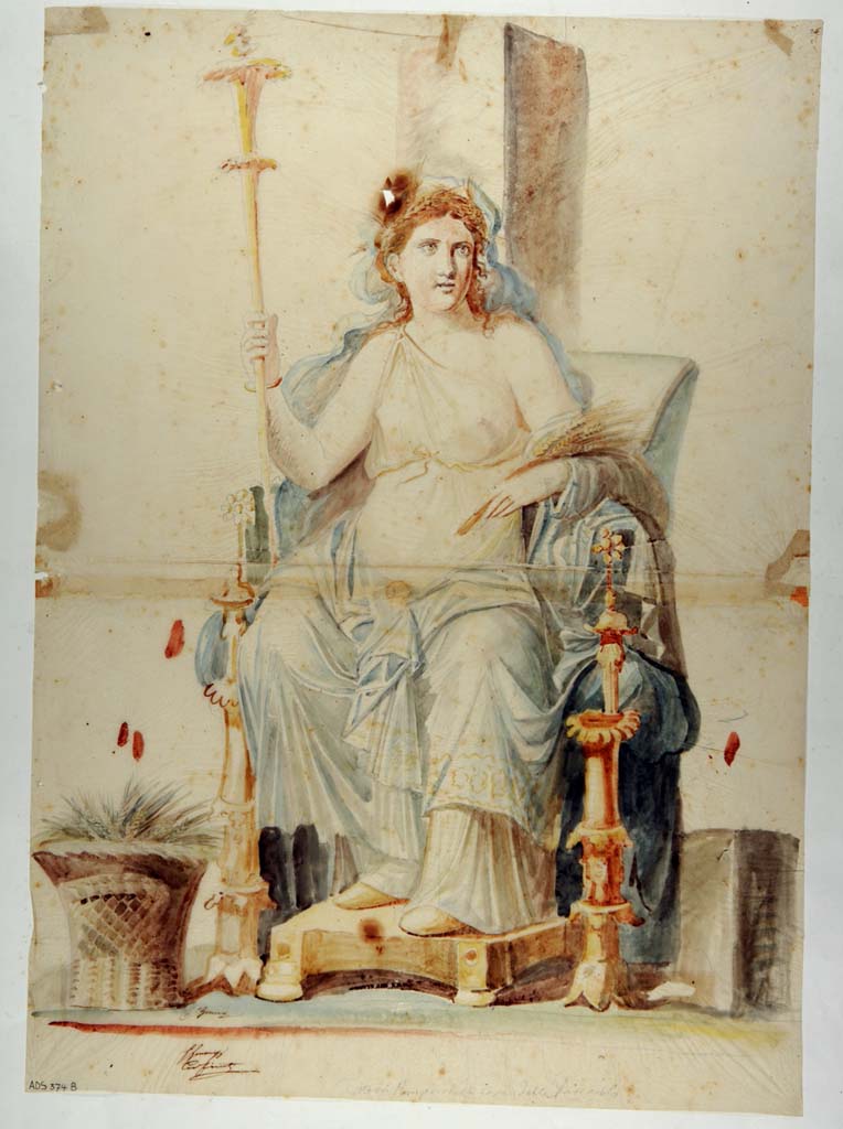VI.10.11 Pompeii. Room 3, painted panel on south wall in south-west corner of atrium. Painting of Ceres by Giuseppe Marsigli.
Now in Naples Archaeological Museum. Inventory number ADS 374b.
Photo © ICCD. http://www.catalogo.beniculturali.it
Utilizzabili alle condizioni della licenza Attribuzione - Non commerciale - Condividi allo stesso modo 2.5 Italia (CC BY-NC-SA 2.5 IT)
The original painting was detached and removed to Naples Museum, inventory number 9457. 
See Helbig, W., 1868. Wandgemälde der vom Vesuv verschütteten Städte Campaniens. Leipzig: Breitkopf und Härtel, (175).
