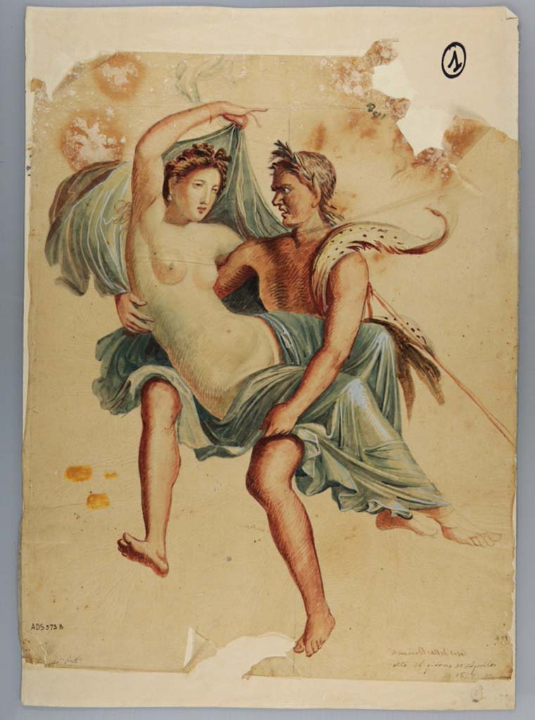 VI.10.11 Pompeii. Room 16, west wall of oecus/triclinium. Floating Bacchic group, or Maenad and Satyr.
Painting by Giuseppe Marsigli made 30th April 1827, 
Now in Naples Archaeological Museum. Inventory number ADS 373b.
Photo © ICCD. http://www.catalogo.beniculturali.it
Utilizzabili alle condizioni della licenza Attribuzione - Non commerciale - Condividi allo stesso modo 2.5 Italia (CC BY-NC-SA 2.5 IT)
The original painting was then detached and is now in Naples Archaeological Museum. Inventory number 9299.

