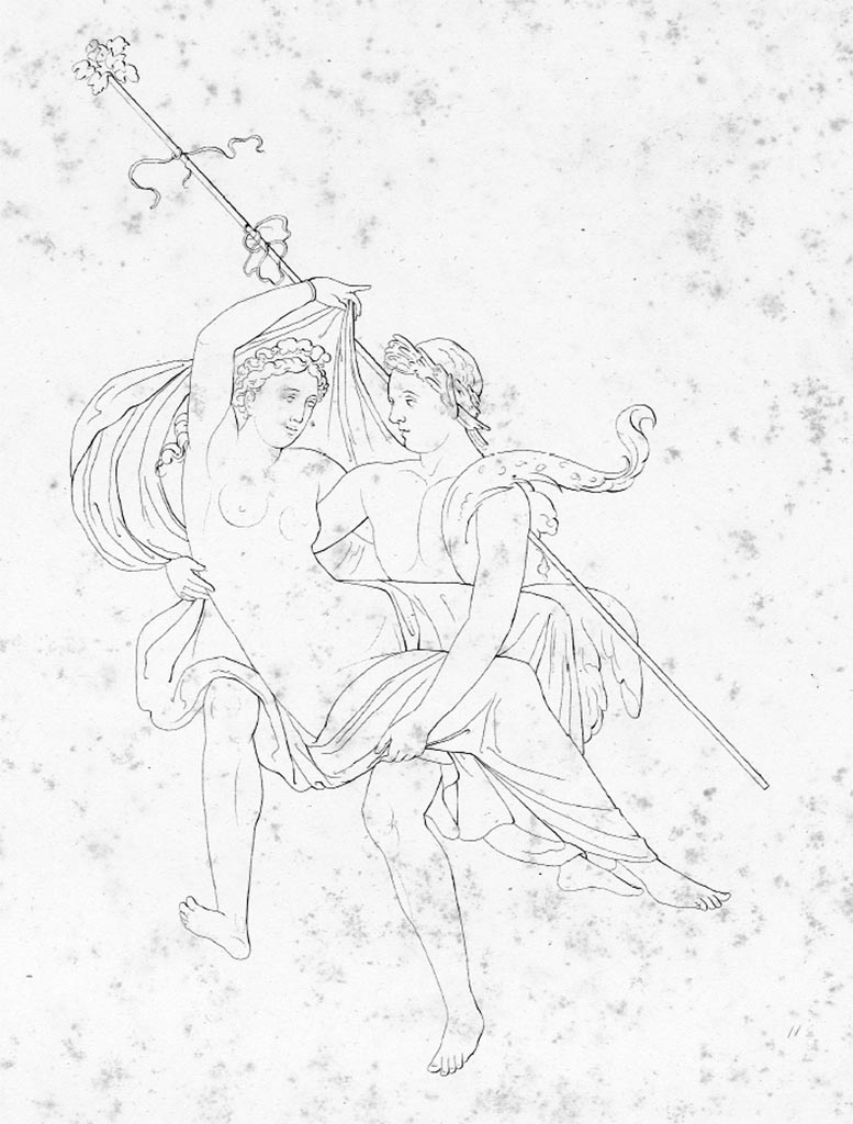 VI.10.11 Pompeii. 1828.
Room 16, drawing by Zahn from west wall of oecus/triclinium. Floating Bacchic group, or Maenad and Satyr.
See Zahn W. Neu entdeckte Wandgemälde in Pompeji gezeichnet von W. Zahn [ca. 1828], taf. XXXVII.

