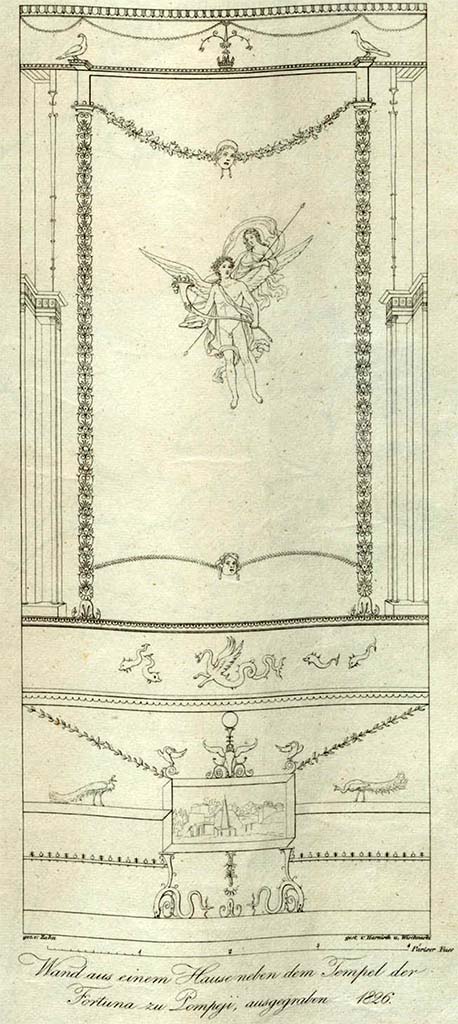 VI.10.11 Pompeii. Room 3, drawing of panel in east wall of atrium between doorways to cubiculum 4 and 5. 
See Zahn, W., 1828. Die schönsten Ornamente und merkwürdigsten Gemälde aus Pompeji, Herkulanum und Stabiae: I. Berlin: Reimer. Taf. 53.
See Helbig, W., 1868. Wandgemälde der vom Vesuv verschütteten Städte Campaniens. Leipzig: Breitkopf und Härtel. (1954)
