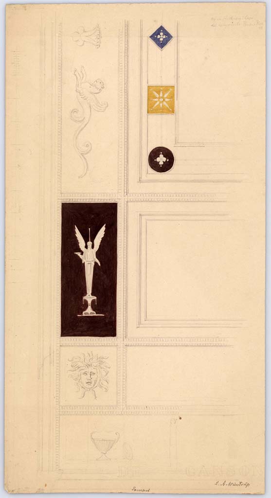 VI.11.9 Pompeii. November 1849. 
Room 21, south end of arch in tepidarium of baths complex, drawing by Laurits Albert Winstrup. 
Photo  Danmarks Kunstbibliotek, inventory number ark_6179.

