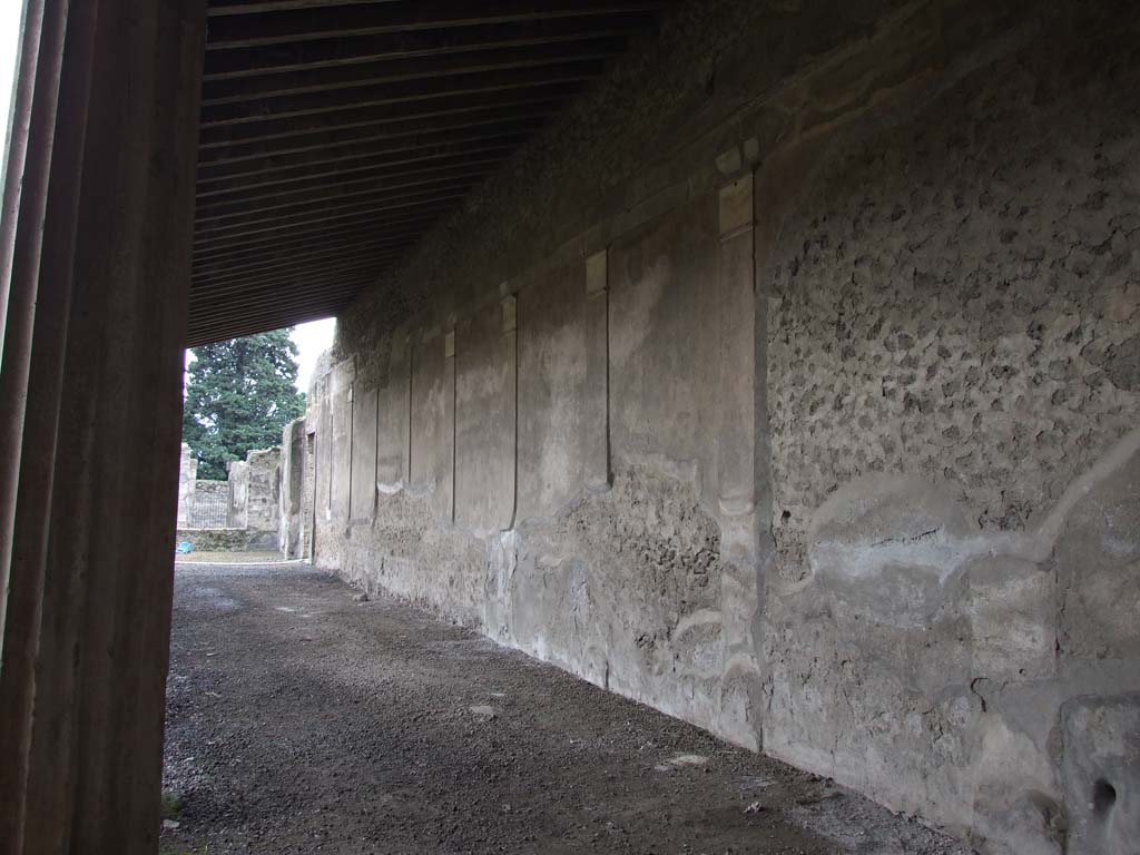 VI.11.10 Pompeii. December 2006. Wall of west portico, looking south towards room 38 and doorway into services area.