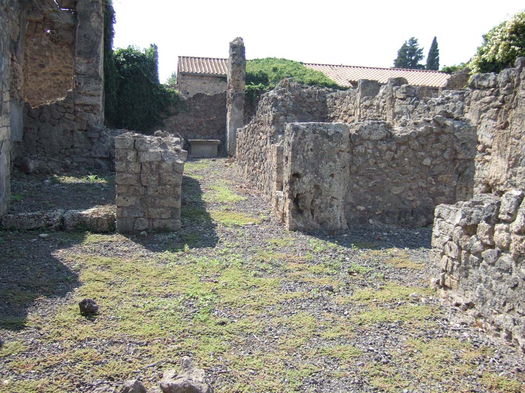 VI.11.14 Pompeii. September 2005. Looking west across atrium, in the rear left can be seen the oecus.
In the rear right of the atrium was the triclinium. Between these two rooms was a corridor with an access for the staircase to upper floor.
This corridor led to the rear of the house, where there was a small garden in the rear south corner. 
There was also a kitchen and a small rustic room with nearby storeroom.
See Pappalardo, U., 2001. La Descrizione di Pompei per Giuseppe Fiorelli (1875). Napoli: Massa Editore.(p.70)
