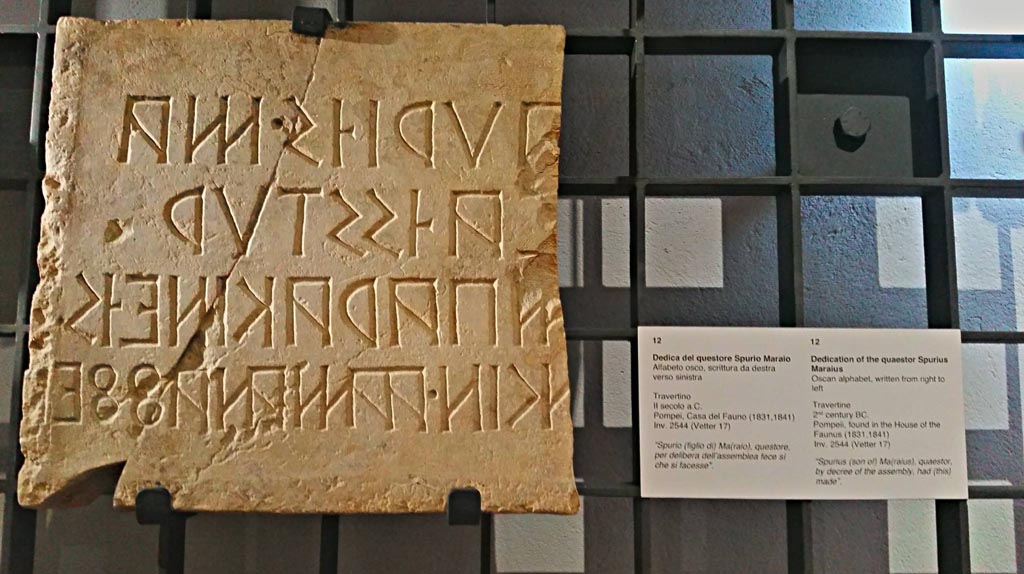 VI.12.2 Pompeii. Travertine dedication, written from right to left in Oscan alphabet. It reads –
“Spurius (son of) Ma(raius), quaestor, by decree of the assembly, had (this) made.”
Now in Naples Archaeological Museum, inv. 2544.  Photo courtesy of Giuseppe Ciaramella, June 2017.

