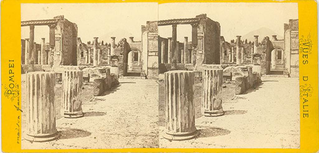 VI.12.2 Pompeii. 19th century stereo postcard. Looking north across first or middle peristyle from east portico, towards exedra and oecus on its north side. On the right can be seen the corridor to the Second or Rear peristyle. Photo courtesy of Rick Bauer.
