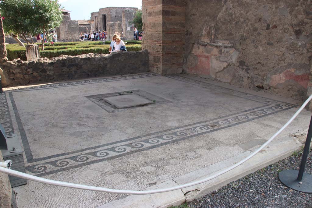 VI.12.2 Pompeii. September 2017. Looking south-west across oecus/triclinium, on east side of exedra with Alexander mosaic.
Photo courtesy of Klaus Heese.
