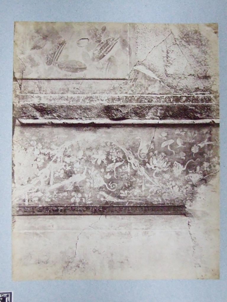 VI.12.2 Pompeii. Old undated photograph. Oecus 44. 
Courtesy of Society of Antiquaries. Fox Collection.
In the collection it is labelled as “Frieze in Winter Triclinium from the House of Sallust”.
Anne Laidlaw, the Director of Excavations of the House of Sallust, has confirmed for us that it is in fact from the House of the Faun.
See Laidlaw, A., 1985. The first style in Pompeii: painting and architecture. Giorgio Bretschneider (Pl. 49c).
