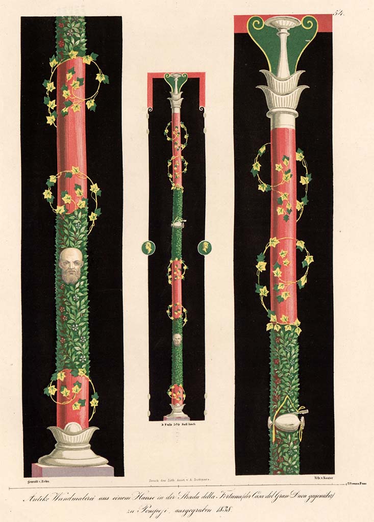 VI.13.2 Pompeii. Pre-1849. Painting by Zahn of a candelabra from the decoration of the tablinum walls.
In the centre is the complete candelabra, on the left is the detail of the lower part, on the right, the upper part.
54: Antique wall painting from House in Strada della Fortuna, opposite Casa del Gran Duca, in Pompeii, excavated 1838. 
See Zahn W., 1849. Ornamente aller klassischen Kunst-Epochen nach den Originalen in ihren eigenthümlichen Farben. Berlin: Reimer, Taf. 54).