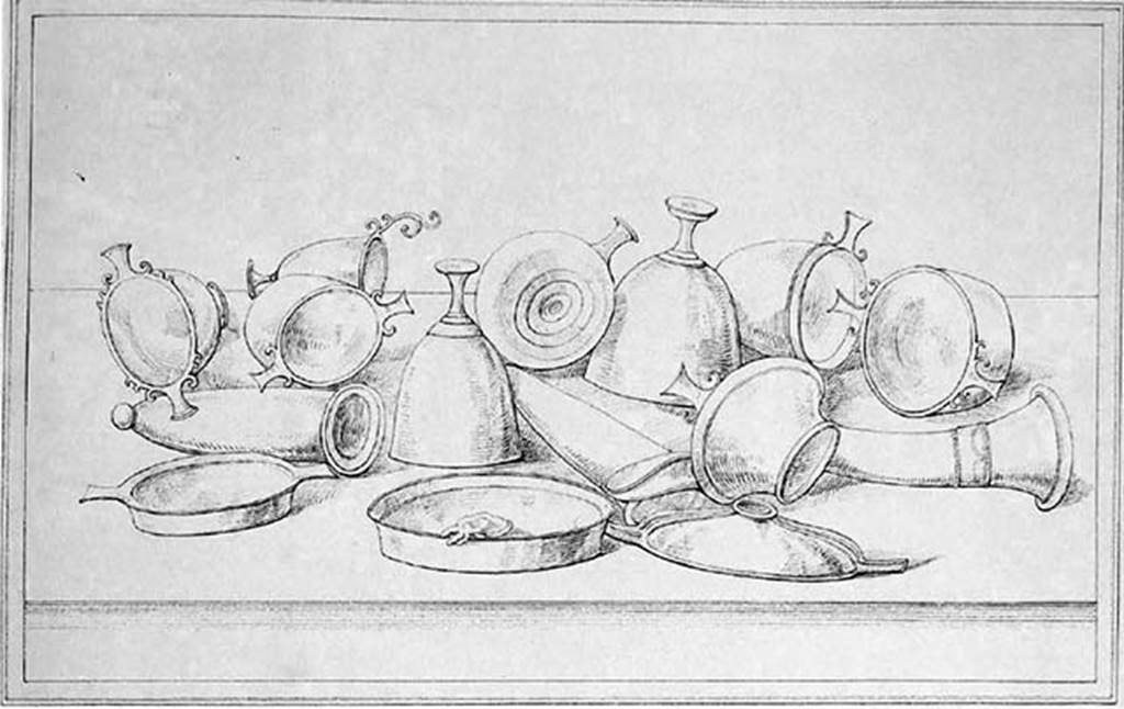 VI.13.2 Pompeii. 1837. East wall of the tablinum, central panel.
Drawing by G. Abbate of bronze vessels, including cups, plates, a flask and a drinking horn, 
According to CulturaItalia, “Il disegno raffigura un corredo di recipienti metallici, probabilmente in bronzo, disposti in ordine sparso su un piano. 
Si riconoscono "skyphoi", "kàntharoi", tegami, un "rhytòn"”.

The drawing depicts a set of metal containers, probably in bronze, arranged in no particular order onto a flat surface.  
You can recognize "skyphoi", "kàntharoi", tegami, and a "rhytòn".

Photo courtesy of CulturaItalia and its contributors whose copyright it remains.


 
