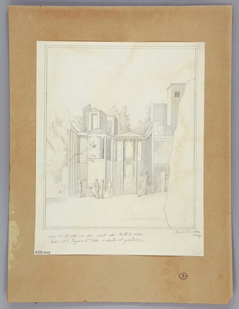 VI.13.2 Pompeii. 
Drawing by Geremia Discanno, March 1847, of painting of Medea and the daughters of Pelias found in summer triclinium at rear of peristyle.
Now in Naples Archaeological Museum. Inventory number ADS 409.
Photo © ICCD. https://www.catalogo.beniculturali.it
Utilizzabili alle condizioni della licenza Attribuzione - Non commerciale - Condividi allo stesso modo 2.5 Italia (CC BY-NC-SA 2.5 IT)
