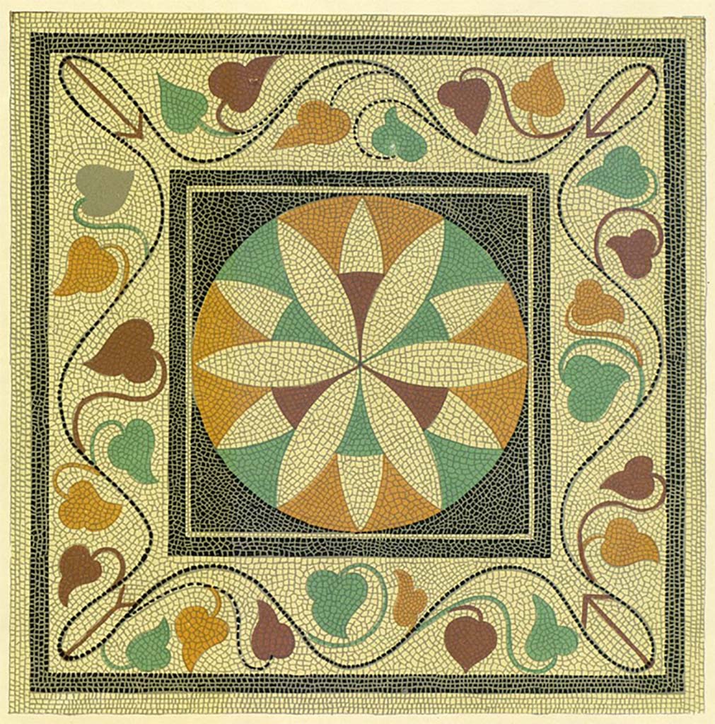 VI.13.13 Pompeii. Painting by Discanno of (above) emblema from middle of flooring in triclinium/oecus.
According to Presuhn, No.13,14,15,18 –
“a large patrician dwelling extending across the insula and having a rear door at VI.13.18. 
This painting reproduces a mosaic emblema found on the floor of the oecus.
See Presuhn, E. Pompei les dernières fouilles de 1874-75, section VI, plate IV upper.
