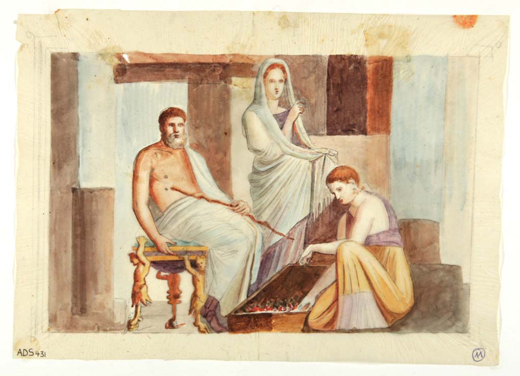 VI.14.12 Pompeii. Painting attributed to Giuseppe Marsigli because of the similarity to his drawing below. The painting was probably in the atrium.
Now in Naples Archaeological Museum. Inventory number ADS 431.
Photo © ICCD. http://www.catalogo.beniculturali.it
Utilizzabili alle condizioni della licenza Attribuzione - Non commerciale - Condividi allo stesso modo 2.5 Italia (CC BY-NC-SA 2.5 IT)