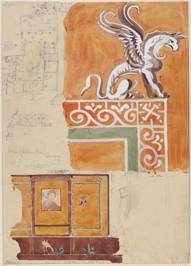 VI.14.20 Pompeii. Undated (c.1870’s). Sketch/drawing by Sydney Vacher from south wall, described as “Room X”.
(Note: the detail of the griffin (top right) is from the top corner of the right-hand side panel of the wall in the lower painting).
The cornice sketch matches that shown in our photos.
Photo © Victoria and Albert Museum, inventory number E.4379-1910. 
 
