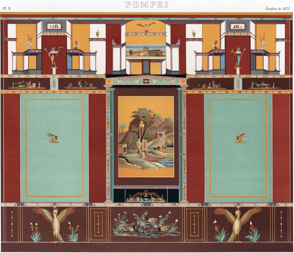 VI.14.20 Pompeii.1878.  Room 10, triclinium north wall with landscape painting.
See Presuhn E., 1878. Pompeji: Die Neuesten Ausgrabungen von 1874 bis 1878. Leipzig: Weigel. (III, Plate X)
