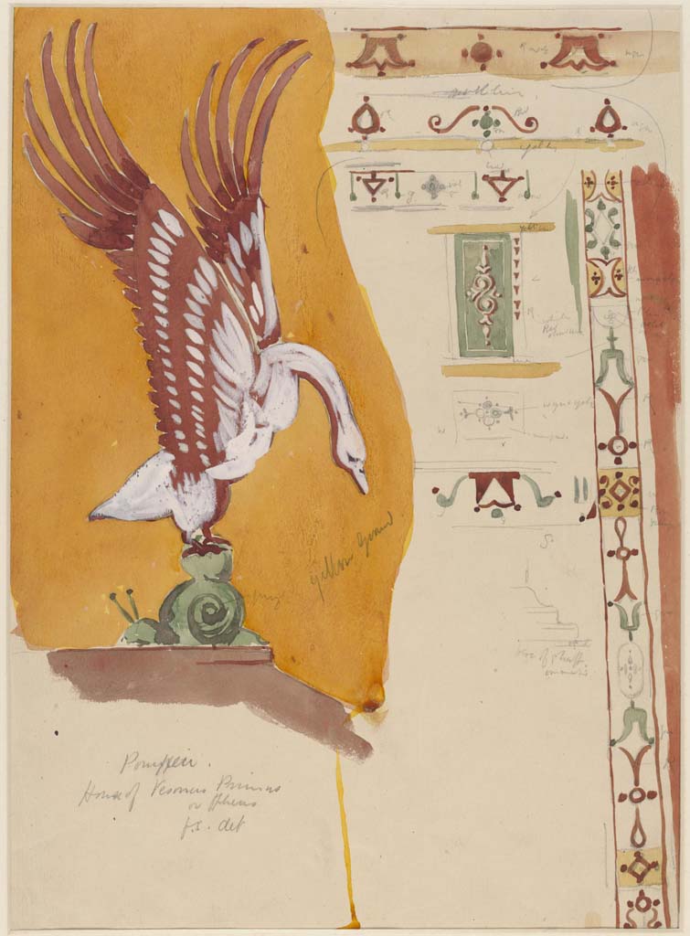 VI.14.20 Pompeii. Undated (c.1870’s) sketch/drawing by Sydney Vacher of painted bird from zoccolo/dado of triclinium 10. 
Painting by Sydney Vacher. Photo © Victoria and Albert Museum, inventory number E.4378-1910. 
