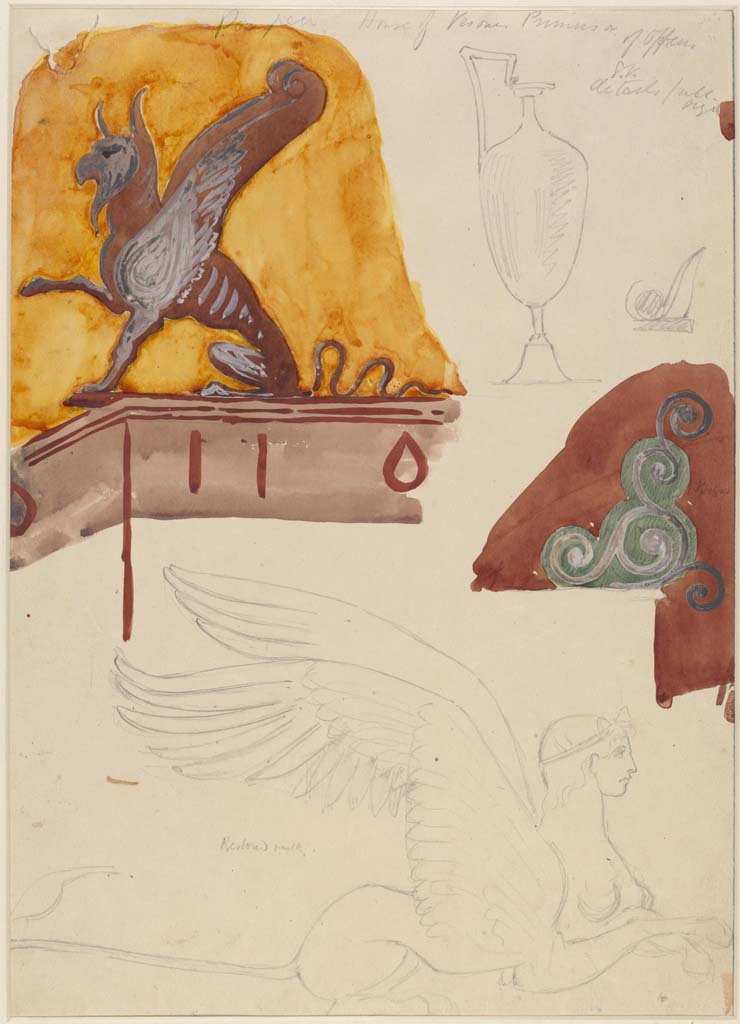 VI.14.20 Pompeii. Undated (c.1870’s) painting by Sydney Vacher of detail of painted decorations from north wall of triclinium 10. 
Painting by Sydney Vacher. Photo © Victoria and Albert Museum, inventory number E.4376-1910. 
