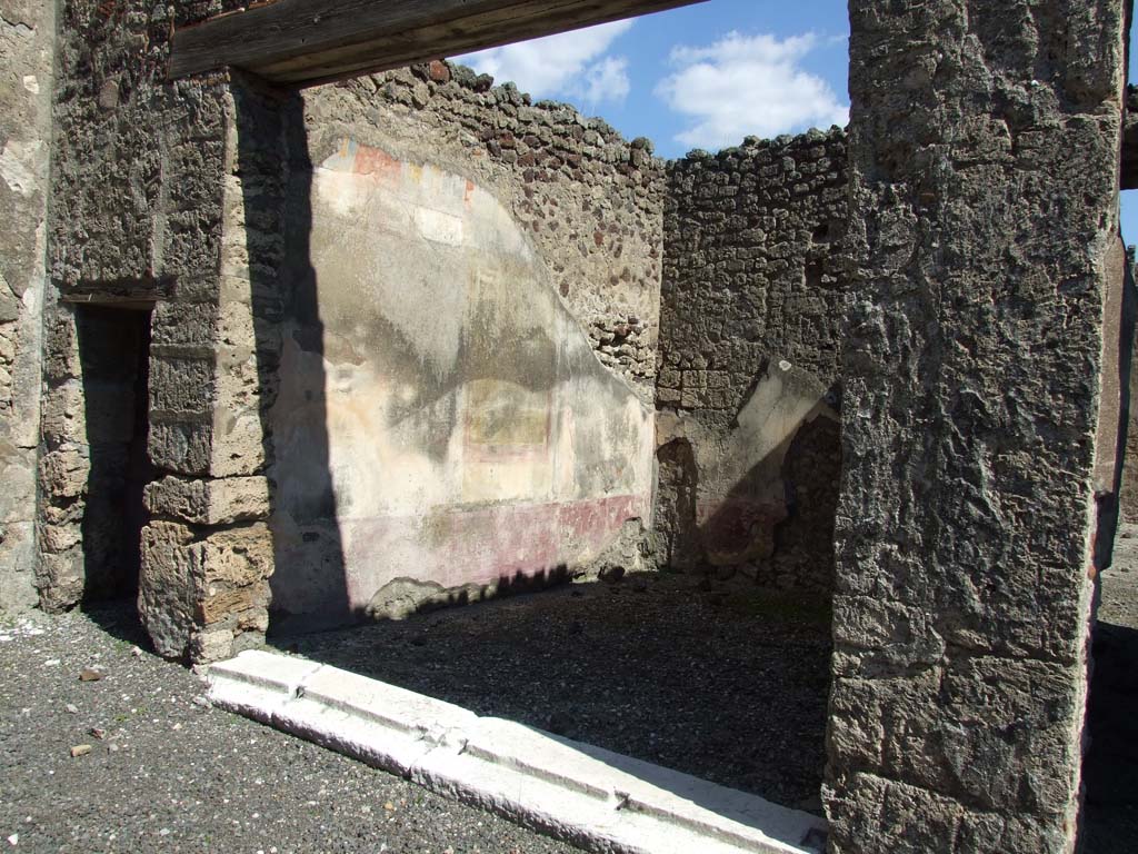 VI.14.20 Pompeii. March 2009. Room 10, remains of painted bird decoration and plants, on north end of east wall of triclinium.