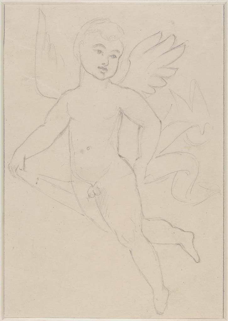 VI.14.20 Pompeii. Undated sketch/drawing of cupid by Sydney Vacher. 
(Note: this may or may not have come from the same room 13, as the above one, or not even from this house !)
Photo © Victoria and Albert Museum, inventory number E.4416-1910.
