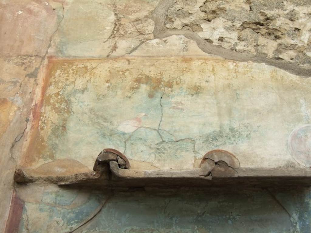 VI.14.20  Pompeii.  March 2009. Room 18, remains of painting with bird, above window on west wall of garden area.