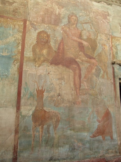 VI.14.20 Pompeii. March 2009. Room 18, Orpheus and the animals on west wall of garden area.