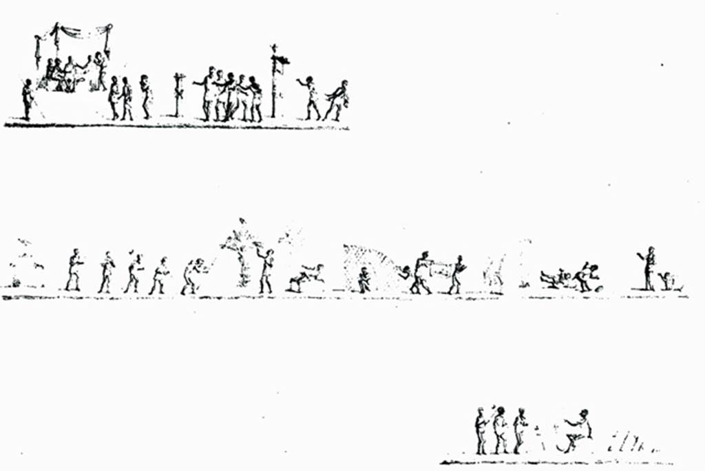 VI.14.22 Pompeii. 1874-5 drawing of paintings in room 12, on south wall of raised level. 
See Giornale degli Scavi di Pompei NS3, 1875, Tav. IV. 