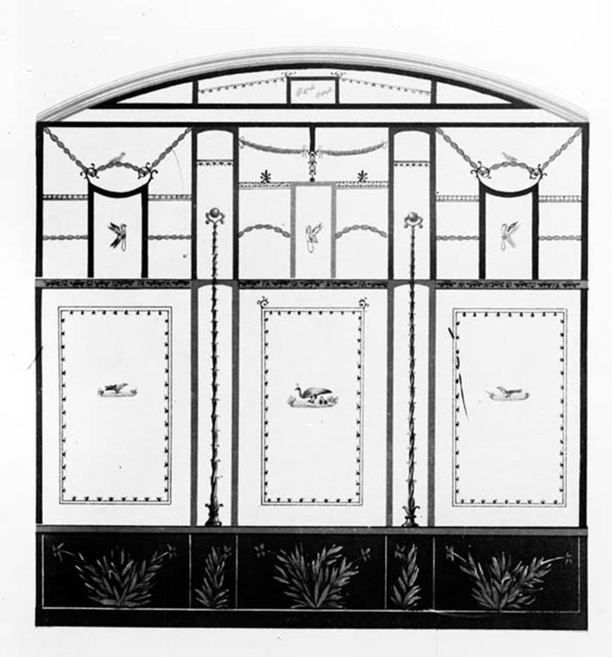 230724 Bestand-D-DAI-ROM-W.0075.jpg
VI.14.25 Pompeii. W.75. Triclinium wall decoration, south wall as painted by Presuhn.
See Presuhn IV, tav 6.
According to BdI, when excavated the triclinium was the grandest room, painted in the last IV Style, on a white background. In the middle of each painted compartment were painted birds. The ceiling was formed by what could be called a decorative vault of stucco. The threshold, of which the post could be seen, was perhaps of wood. A large window opened towards the west onto a small garden, which was on the same (south side) of the atrium. See BdI, 1876, (p.45-46).
According to Bragantini, the dado was red with panels of painted plants, separated by smaller panels with plants. The middle zone of the wall was white, separated into panels by narrow panels with golden candelabra. In the centre of the panels were painted birds, the panels were bordered by two thin parallel lines. See Bragantini, de Vos, Badoni, 1983. Pitture e Pavimenti di Pompei, Parte 2. Rome: ICCD. (p.287, ambiente (e)).
Photo by Tatiana Warscher. With kind permission of DAI Rome, whose copyright it remains. 
See http://arachne.uni-koeln.de/item/marbilderbestand/230724 
