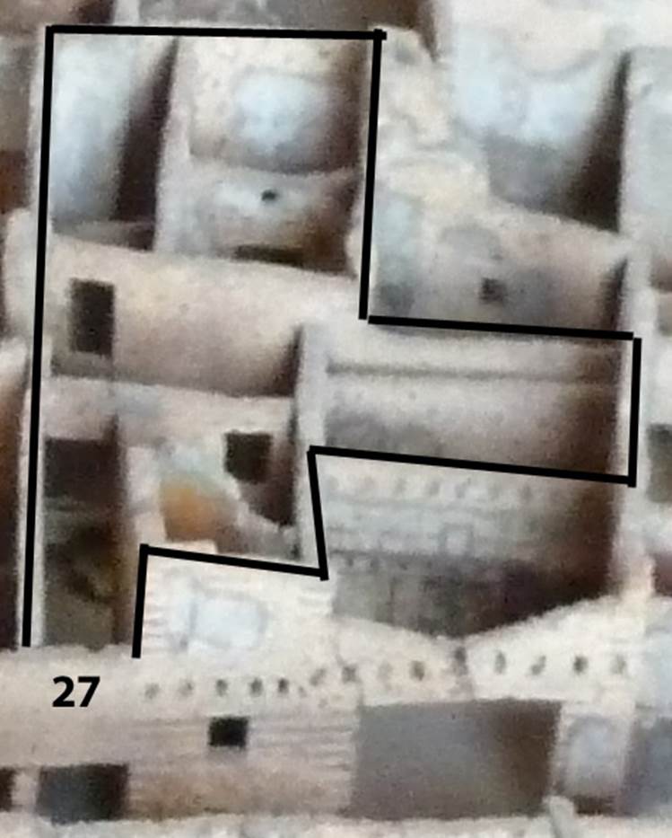 VI.14.27 Pompeii. May 2010. House as shown on cork model in Naples Museum, looking west from Via del Vesuvio.