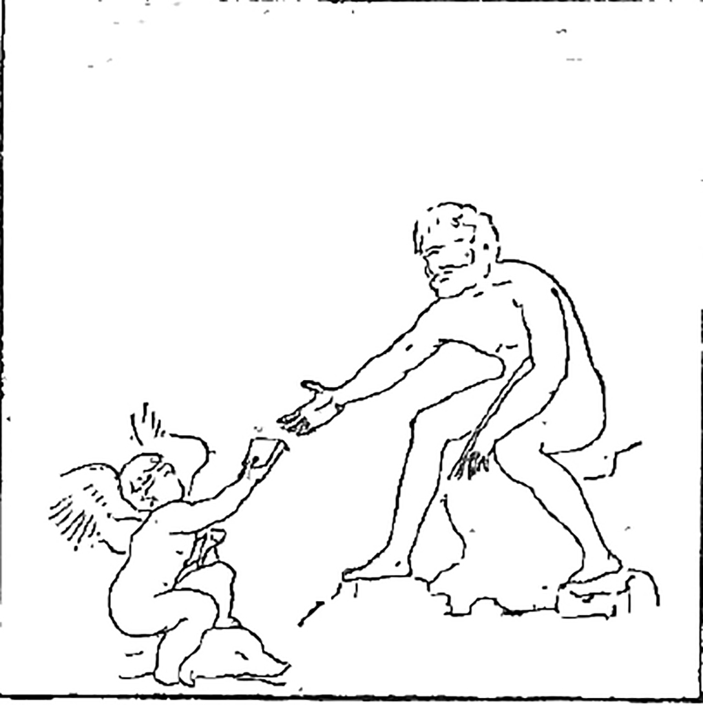 VI.14.28 Pompeii. 1878. Polyphemus receiving Galatea’s letter from cupid sitting on a dolphin, from the south wall.
See Sogliano, A., 1879. Le pitture murali campane scoverte negli anni 1867-79. Napoli: (p. 78, no.472).
See Reinach S., 1922. Répertoire de peintures grecques et romaines. Paris Leroux. (172, 5)
See Bullettino dell’Instituto di Corrispondenza Archeologica (DAIR), 1876, (p.50), painting found on left (south) wall, size of painting 0.41 high x 0.34 wide.
