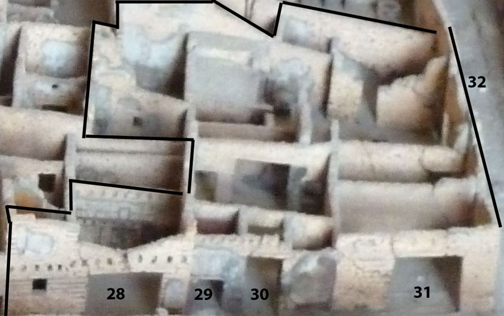 VI.14.29 Pompeii. Showing area on model in Naples Archaeological Museum.