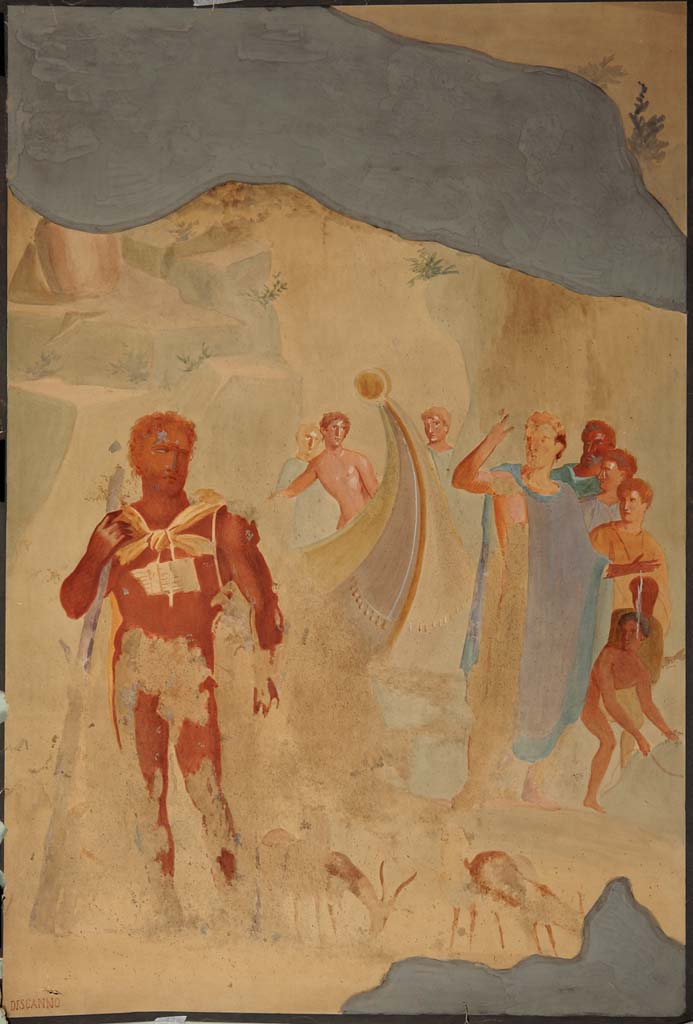 VI.14.30 Pompeii. Painting by Geremia Discanno, of Polyphemus and Aeneas, from north wall of tablinum.
Now in Naples Archaeological Museum. Inventory number ADS 1214.
Photo © ICCD. http://www.catalogo.beniculturali.it 
Utilizzabili alle condizioni della licenza Attribuzione - Non commerciale - Condividi allo stesso modo 2.5 Italia (CC BY-NC-SA 2.5 IT)
Original now in Naples Archaeological Museum, inventory number 111211.
