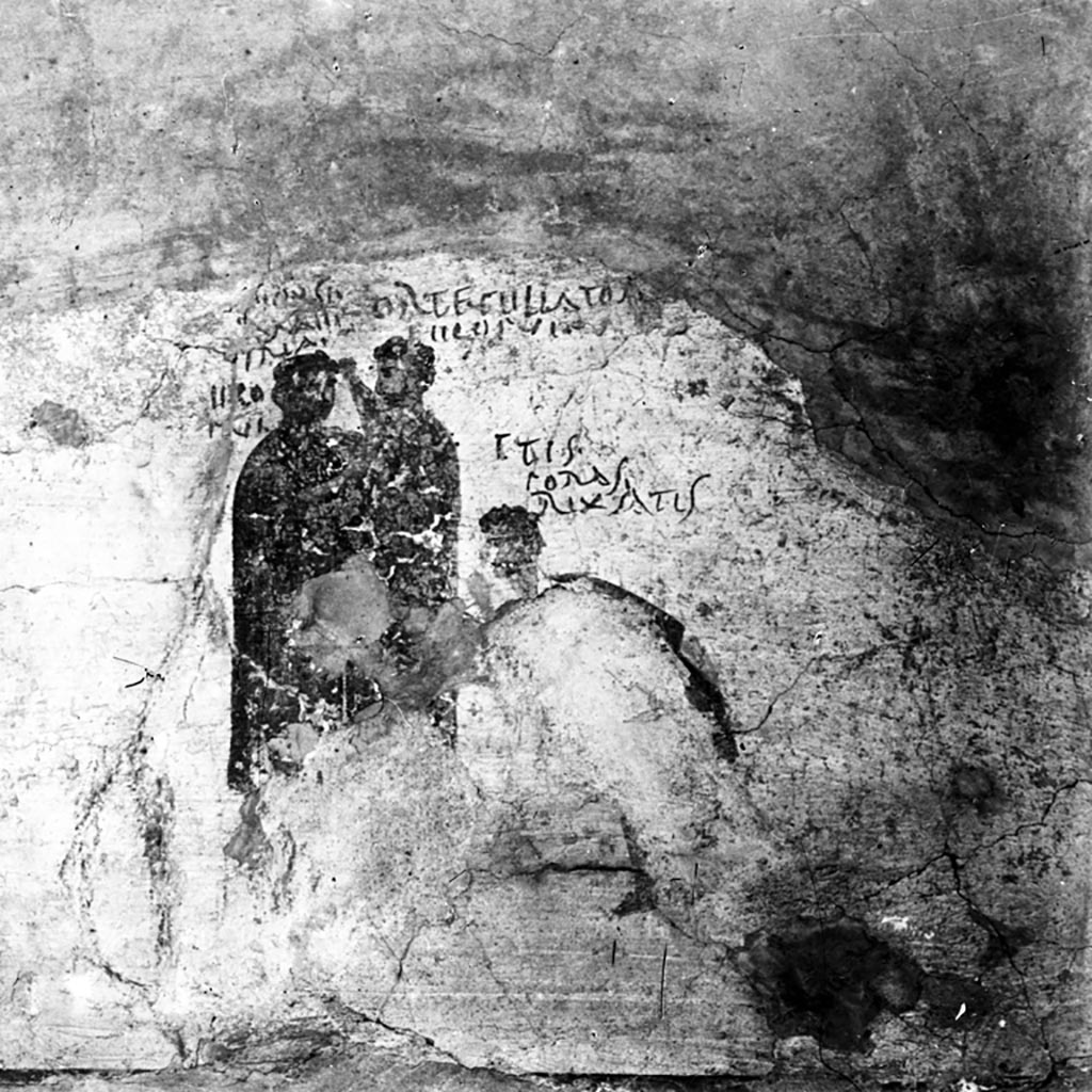 VI.14.35/36 Pompeii. W.85. Fresco of a scene of conflict (damaged), from the north wall. 
Now in Naples Archaeological Museum. Inventory number 111482.
Photo by Tatiana Warscher. Photo © Deutsches Archäologisches Institut, Abteilung Rom, Arkiv. 

According to Berry, the men fight and the innkeeper tells them to leave. 
Above his head are the words “Go on, get out of here! You have been fighting”!
See Berry, J., 2007. The Complete Pompeii. London, Thames & Hudson, (p.231-2)

According to Epigraphik-Datenbank Clauss/Slaby (See www.manfredclauss.de), these are part of CIL IV 3494;

Noxsi(!)
Ame
Tria
eco(!)
fui

Or(o) te fellator
eco(!) fui 

Itis
Foras
rixsatis(!)      [CIL IV 3494 part]

