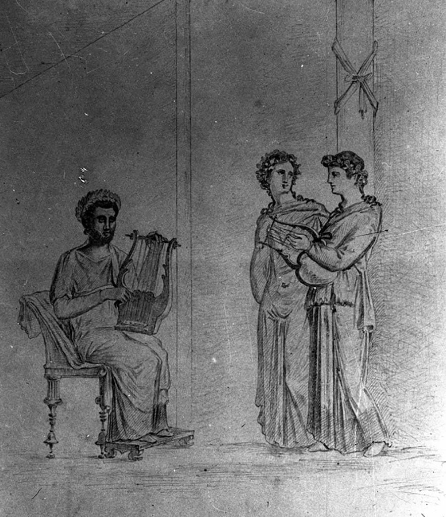 VI.14.38 Pompeii. W.86. Drawing of Pindar and Corinna.
According to Schefold, the painting was found in the triclinium (e) in the north-east corner of the atrium, on the door (south) wall.
See Schefold, K., 1957. Die Wände Pompejis. Berlin: De Gruyter. (p.136)
According to Schefold, found in room “e” on the north side of the atrium, was a painting of Pindar, Myrtis and Korinna.
See Schefold, K., 1962. Vergessenes Pompeji. Bern: Francke, (p. 82 and Picture on 55,1)
See Sogliano, A., 1879. Le pitture murali campane scoverte negli anni 1867-79. Napoli: Giannini. (p. 132, no. 644, described as a musical contest).
According to Bragantini, this painting was found in the centre of the south wall of triclinium (e).
See Bragantini, de Vos, Badoni, 1983. Pitture e Pavimenti di Pompei, Parte 2. Rome: ICCD. (p.293)
Photo by Tatiana Warscher. Photo © Deutsches Archäologisches Institut, Abteilung Rom, Arkiv.