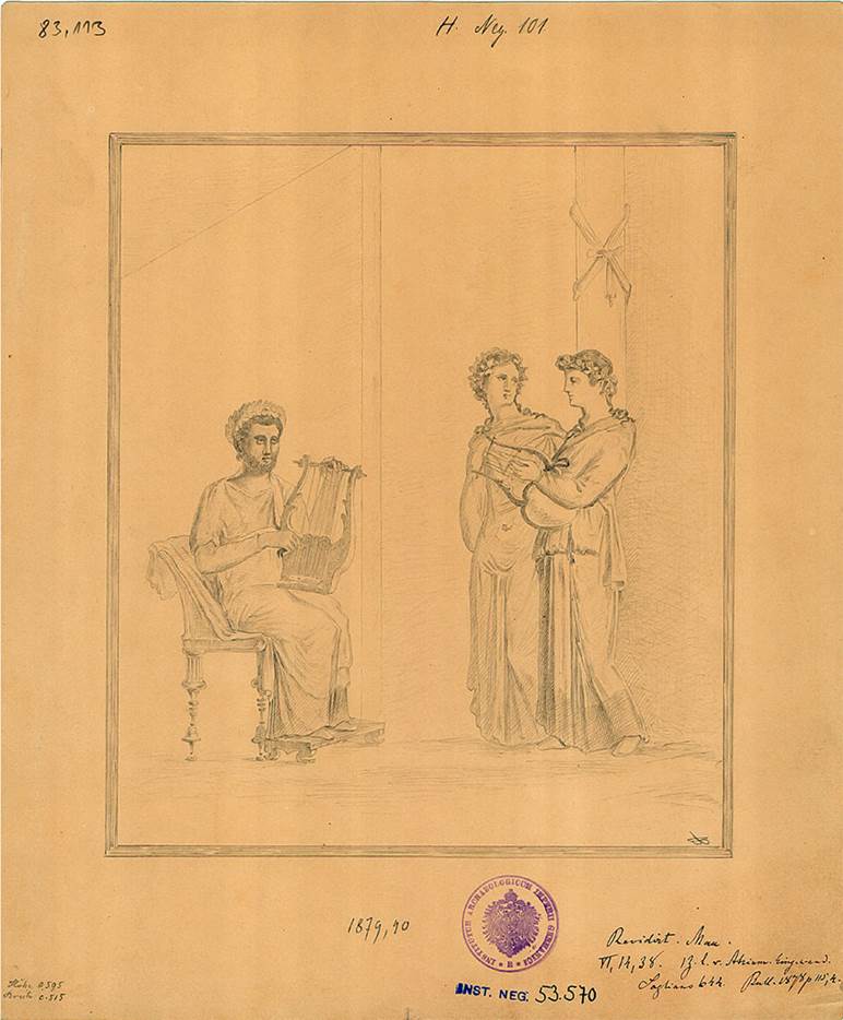 VI.14.38 Pompeii. 1879 drawing of painting of Pindar and Corinna from centre of the south wall of triclinium (e).
DAIR 83.113. Photo © Deutsches Archäologisches Institut, Abteilung Rom, Arkiv.