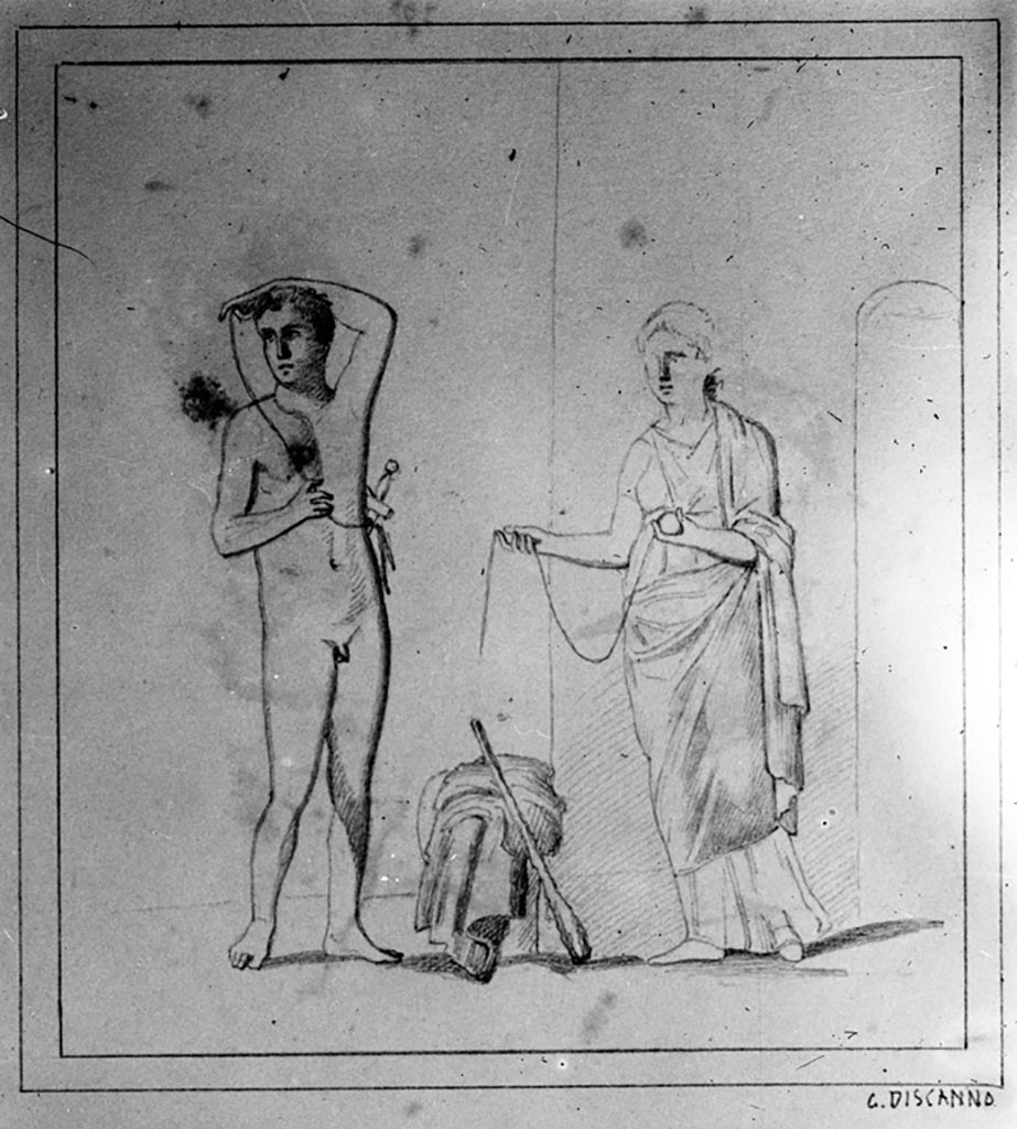 VI.14.38 Pompeii. W.87. Drawing by Discanno of wall painting of Theseus receiving the ball of string from Ariadne.
According to Schefold, this was found on the left wall of triclinium to the left of the tablinum, room “L”.
See Schefold, K., 1957. Die Wände Pompejis. Berlin: De Gruyter. (p.136)
Photo by Tatiana Warscher. Photo © Deutsches Archäologisches Institut, Abteilung Rom, Arkiv.