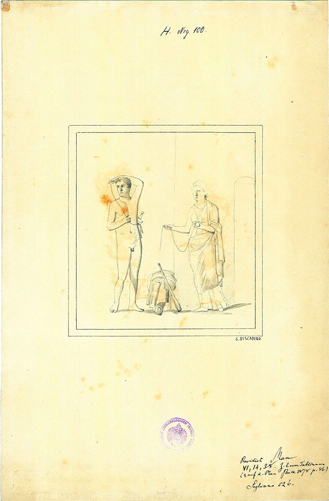 VI.14.38 Pompeii. Drawing by Discanno of wall painting of Theseus receiving the ball of string from Ariadne.
According to Schefold, this was found on the left wall of triclinium to the left of the tablinum, room “L”.
See Schefold, K., 1957. Die Wände Pompejis. Berlin: De Gruyter. (p.136)
DAIR 83.112. Photo © Deutsches Archäologisches Institut, Abteilung Rom, Arkiv.
