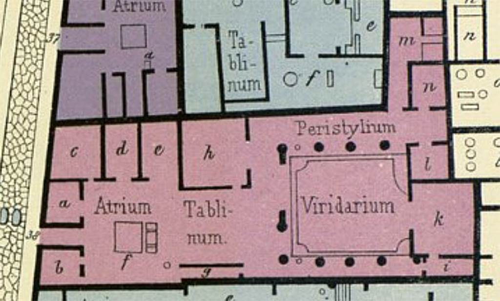 VI.14.38 Pompeii. Plan by Emile Presuhn showing entrance at VI.14.38.
See Presuhn E., 1878. Pompeji: Les dernières fouilles de 1874 a 1878. Leipzig: Weigel, Section V, Taf. I.