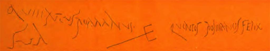 VI.14.40 Pompeii. 1878. Drawing of graffiti found in the north-west corner of the peristyle.
According to Presuhn these showed the greetings
QUIIINTUS ROMANUS VA and QUINTUS ROMANUS FELIX.
He suggested that Quintus Romanus may have been a gladiator.
See Presuhn E., 1878. Pompeji: Die Neuesten Ausgrabungen von 1874 bis 1878. Leipzig: Weigel. (V, plate III, p. 6).

The Epigraphik-Datenbank Clauss/Slaby (See www.manfredclauss.de) records 

Qu{e}intus Romanus
sua       [CIL IV 4563]

Quintus Romanus Felix       [CIL IV 4565]
