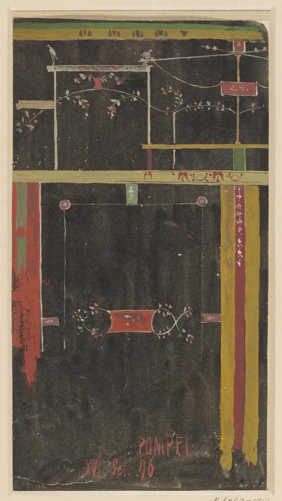 VI.14.40 Pompeii. 16th September 1876. Triclinium on the north side rear of the house?
Watercolour by Luigi Bazzani, preliminary study of painted wall-decoration. 
Photo © Victoria and Albert Museum. Inventory number 2049-1900.

