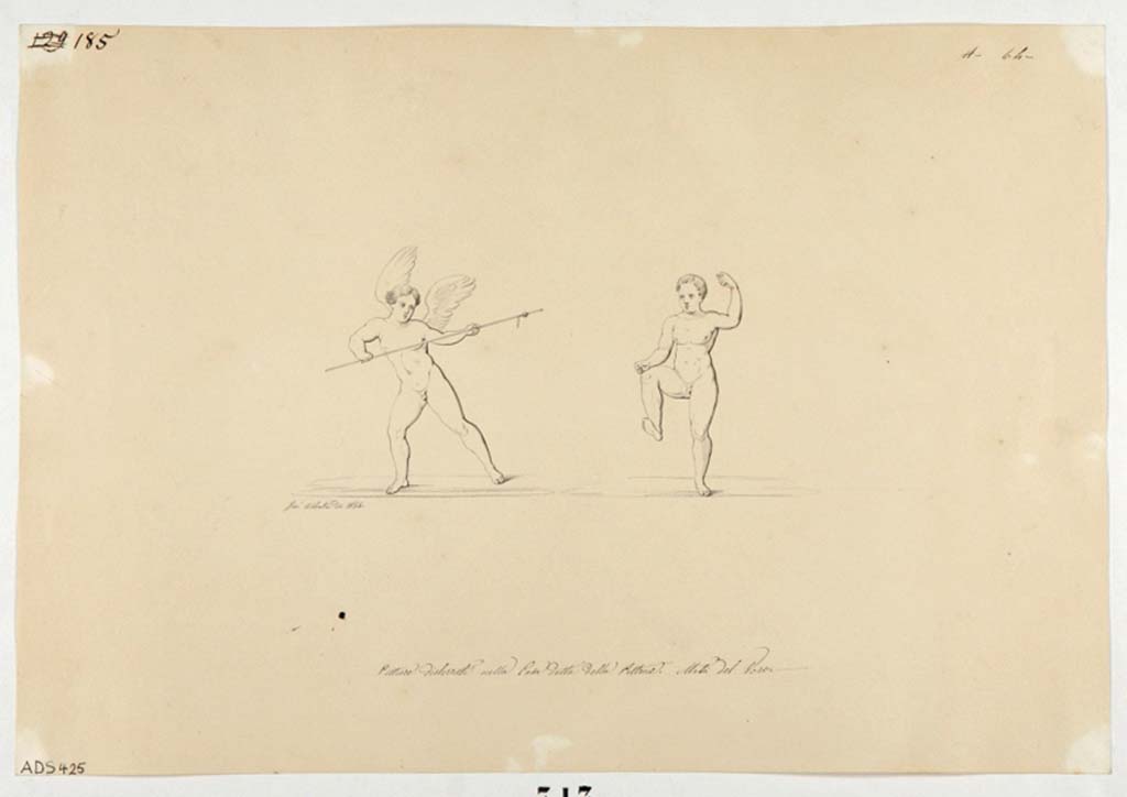 VI.14.42 Pompeii. Drawing by Giuseppe Abbate, 1846, of painted panels found on south wall of cubiculum on south side of tablinum.
Now in Naples Archaeological Museum. Inventory number ADS 425.
Photo  ICCD. http://www.catalogo.beniculturali.it
Utilizzabili alle condizioni della licenza Attribuzione - Non commerciale - Condividi allo stesso modo 2.5 Italia (CC BY-NC-SA 2.5 IT)
