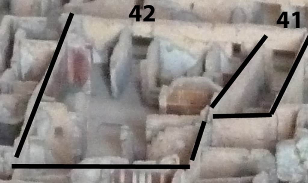 VI.14.42 Pompeii.  Looking west from rear, across cork model in Naples Archaeological Museum.