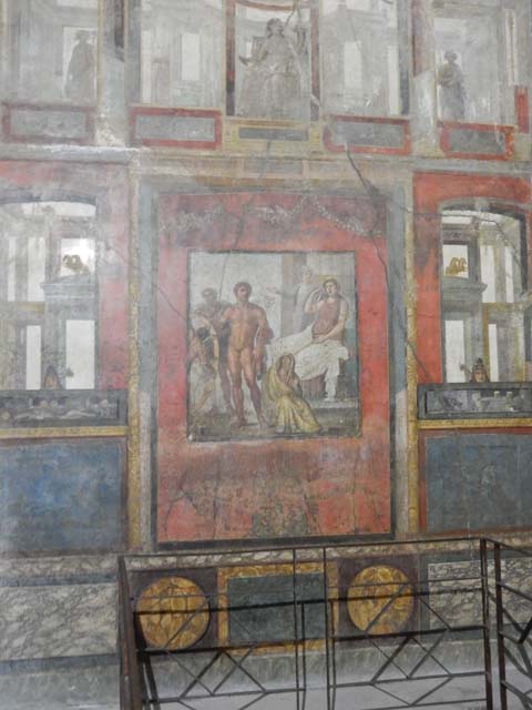 VI.15.1 Pompeii. May 2017. Detail of painted decoration on panel below central painting. Photo courtesy of Buzz Ferebee.

