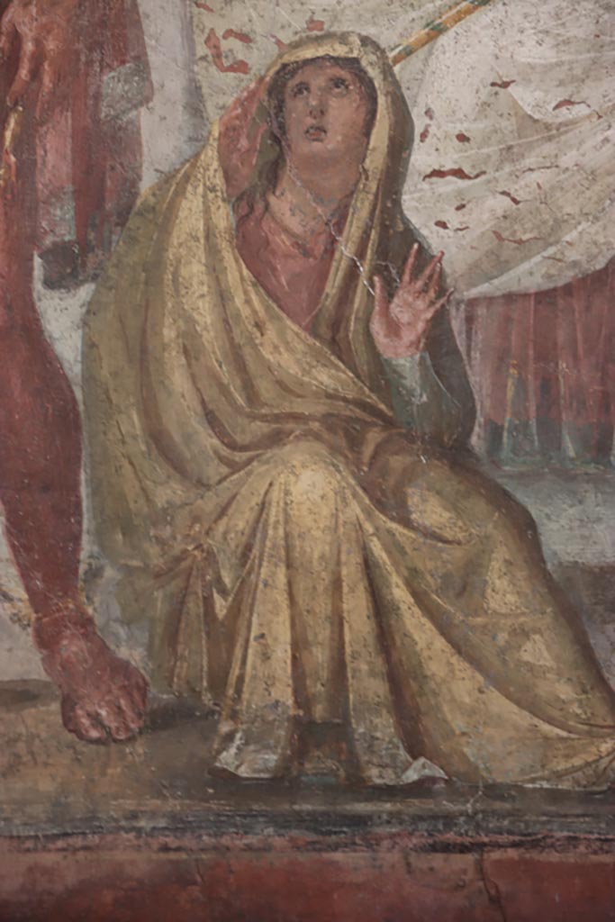 VI.15.1 Pompeii. May 2017. Hypnos (the god of sleep) with golden dish in his hand watching over Ariadne, detail of central painting from south wall. Photo courtesy of Buzz Ferebee.
