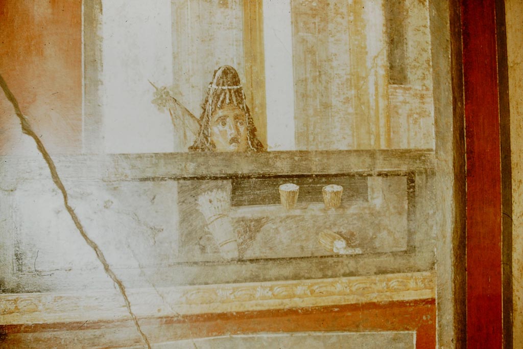 VI.15.1 Pompeii. March 2023. 
Painting of Pan discovering Hermaphrodite over door in south wall of exedra. Photo courtesy of Johannes Eber.
