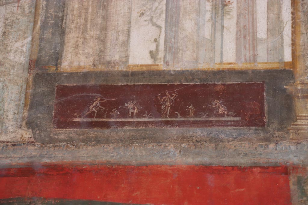 VI.15.1 Pompeii. October 2023. Upper south wall, detail of painted panel continuing from south-east corner. Photo courtesy of Klaus Heese.