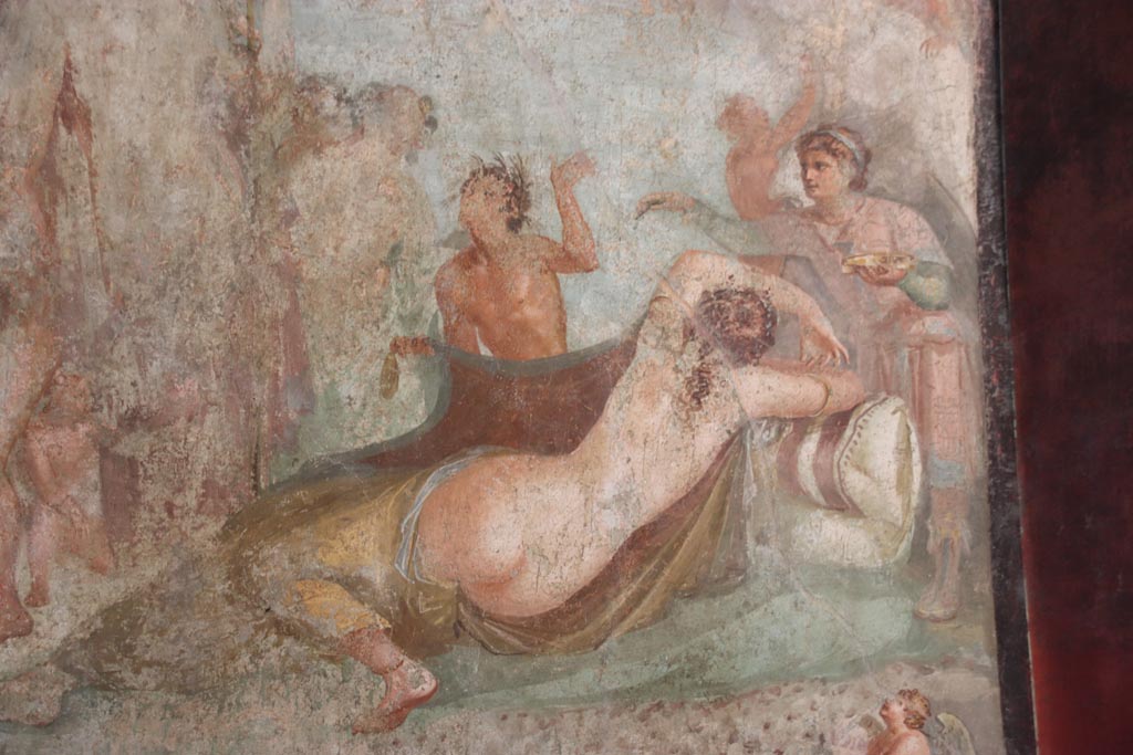 VI.15.1 Pompeii. October 2023. Detail from central wall painting from south wall of Ariadne sleeping. Photo courtesy of Klaus Heese.