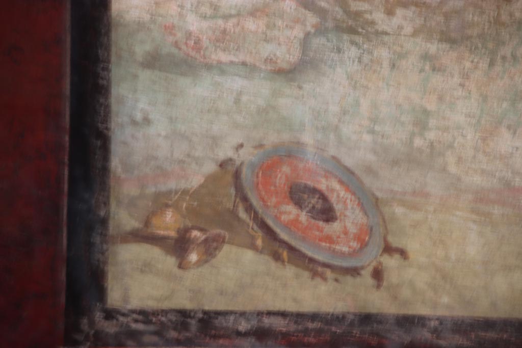 VI.15.1 Pompeii. October 2023. Central wall painting from south wall, detail from left (east) side. Photo courtesy of Klaus Heese.
