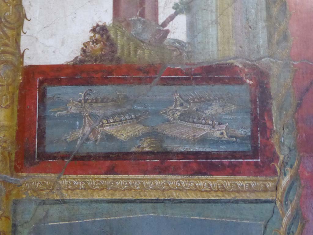 VI.15.1 Pompeii. January 2017. Painted panel of naval scene on west side of central painting.
Foto Annette Haug, ERC Grant 681269 DÉCOR.
