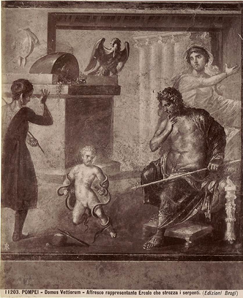 VI.15.1 Pompeii. Albumen photo 11203 by G. Brogi, c.1890s. Wall painting of Hercules strangling the serpents from north wall of exedra.  Photo courtesy of Rick Bauer.